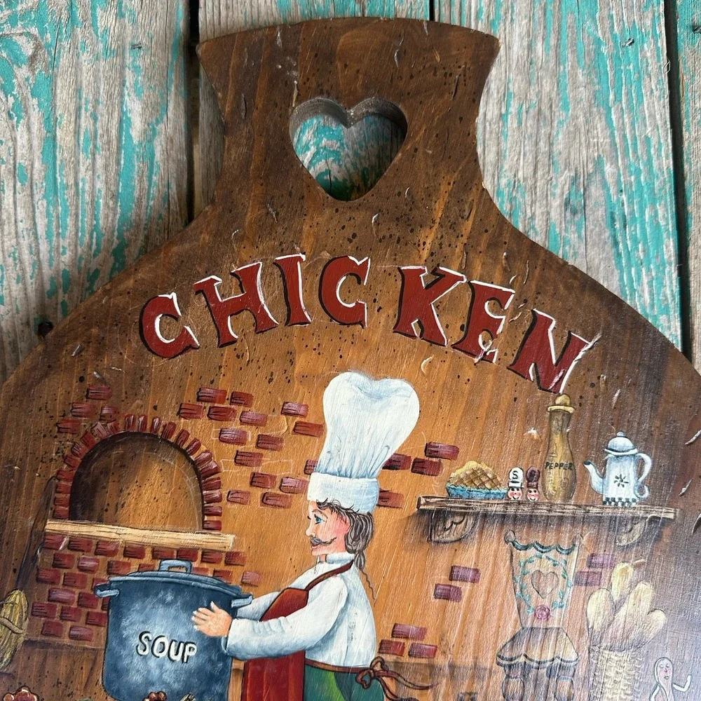 VTG Folk Art Hand Painted Wooden Cutting Board Wall Decor Chicken Soup Signed